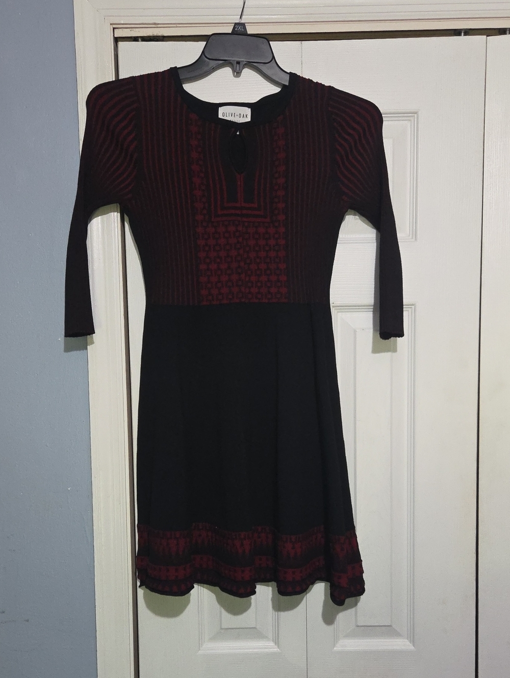 Olive & Oak Black and Burgundy Patterned Knit Fit-and-Flare Dress
